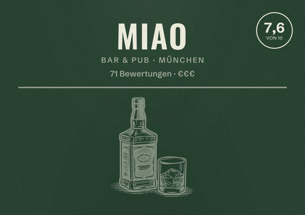Illustriertes Poster von MIAO, Bar & Pub in München: Bewertung 7,6 von 10 aus 71 Bewertungen, Preisniveau €€€
