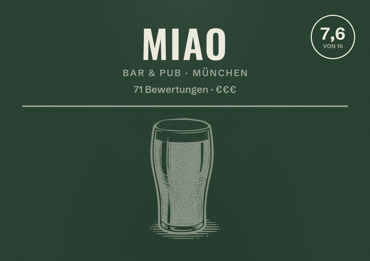 Illustriertes Poster von MIAO, Bar & Pub in München: Bewertung 7,6 von 10 aus 71 Bewertungen, Preisniveau €€€
