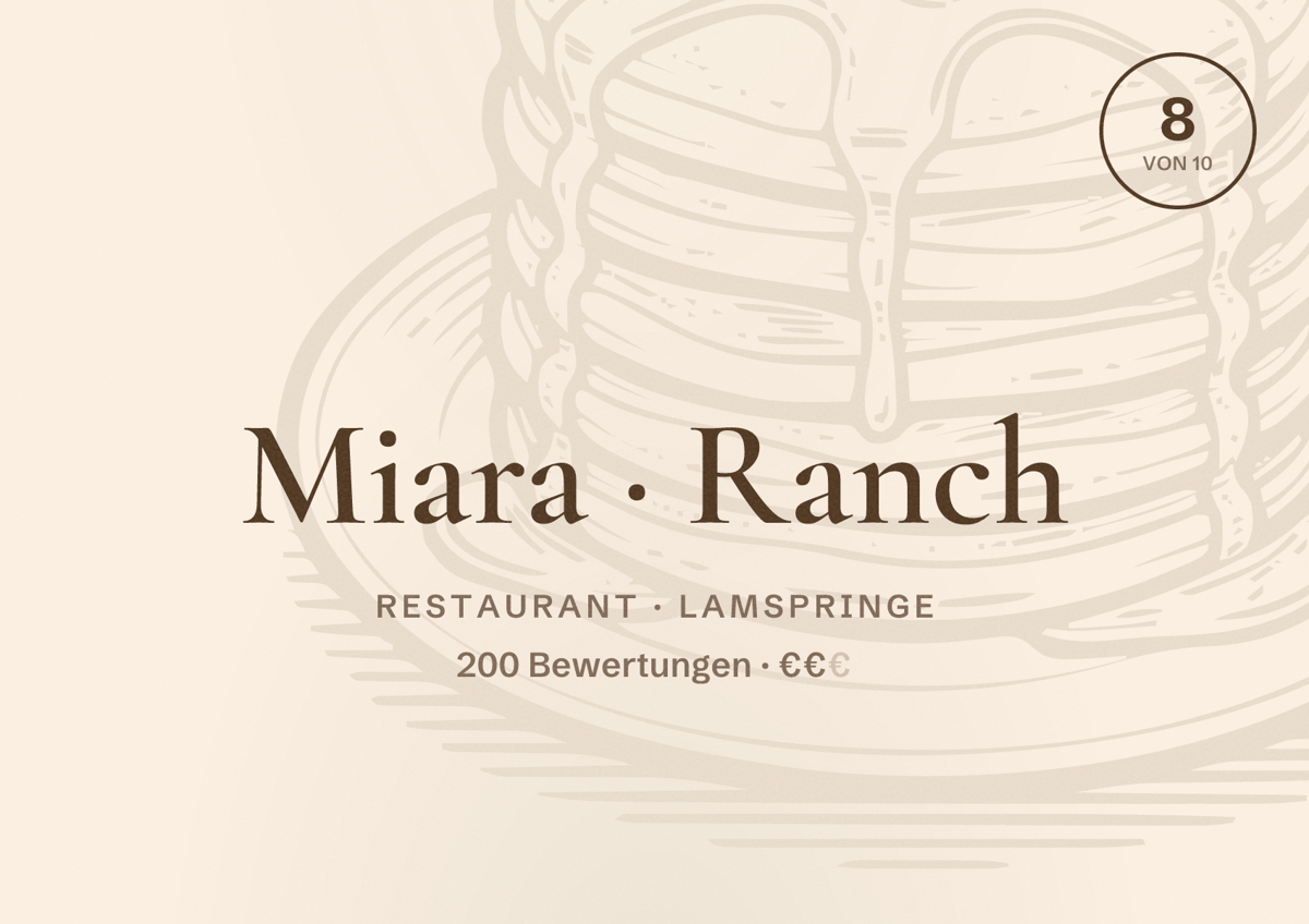 Illustriertes Poster von Miara Ranch, Restaurant in Lamspringe: Bewertung 8 von 10 aus 200 Bewertungen, Preisniveau €€