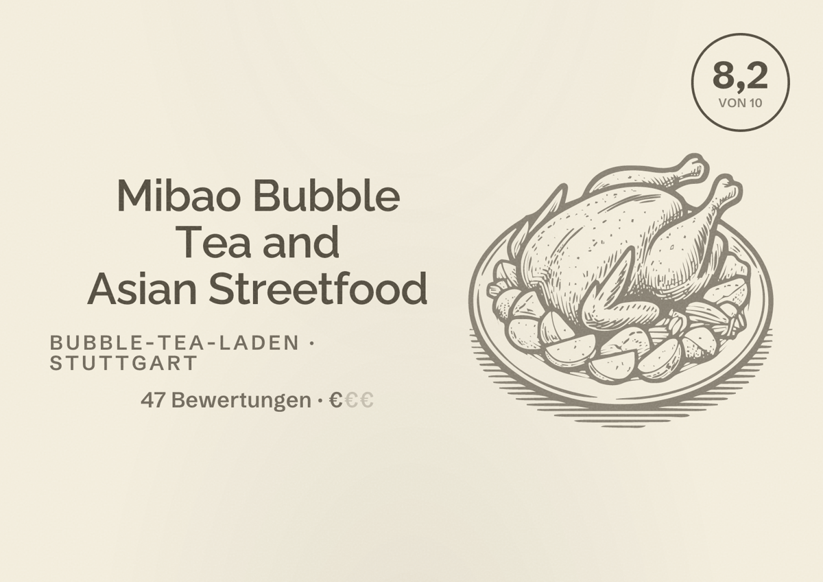 Illustriertes Poster von Mibao Bubble Tea and Asian Streetfood, Bubble-Tea-Laden in Stuttgart: Bewertung 8,2 von 10 aus 47 Bewertungen, Preisniveau €