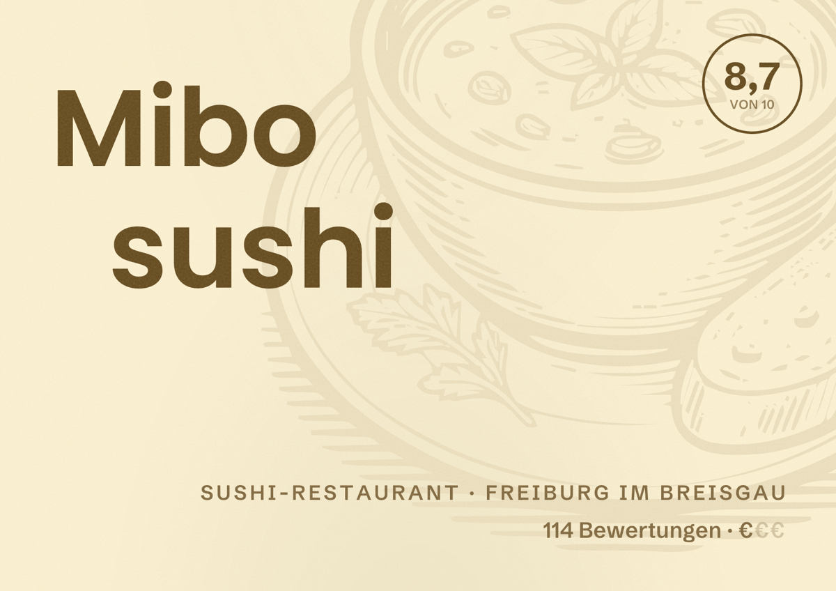 Illustriertes Poster von Mibo sushi, Sushi-Restaurant in Freiburg im Breisgau: Bewertung 8,7 von 10 aus 114 Bewertungen, Preisniveau €