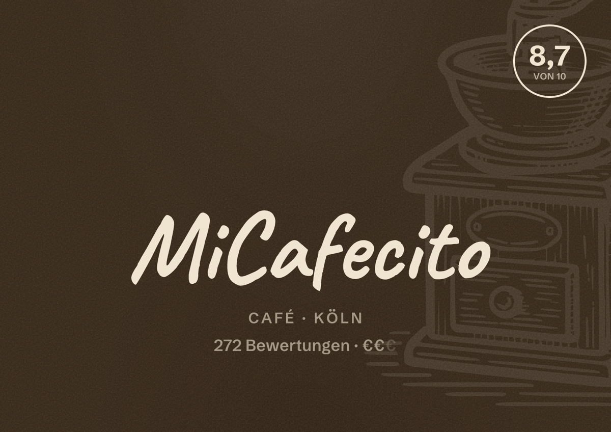 Illustriertes Poster von MiCafecito, Café in Köln: Bewertung 8,7 von 10 aus 272 Bewertungen, Preisniveau €€