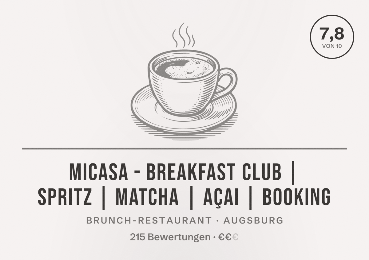 Illustriertes Poster von MICASA - breakfast club | spritz | matcha | açai | booking, Brunch-Restaurant in Augsburg: Bewertung 7,8 von 10 aus 215 Bewertungen, Preisniveau €€