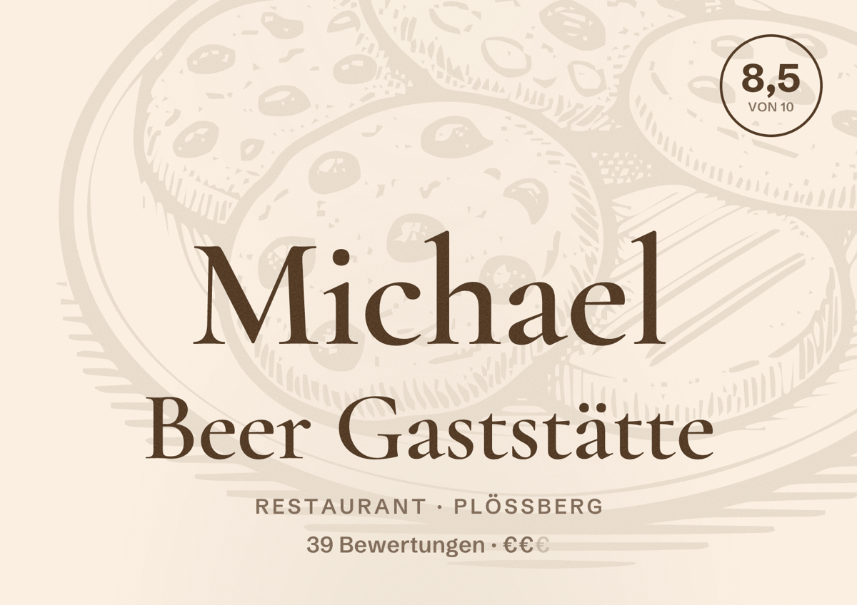 Illustriertes Poster von Michael Beer Gaststätte, Restaurant in Plößberg: Bewertung 8,5 von 10 aus 39 Bewertungen, Preisniveau €€