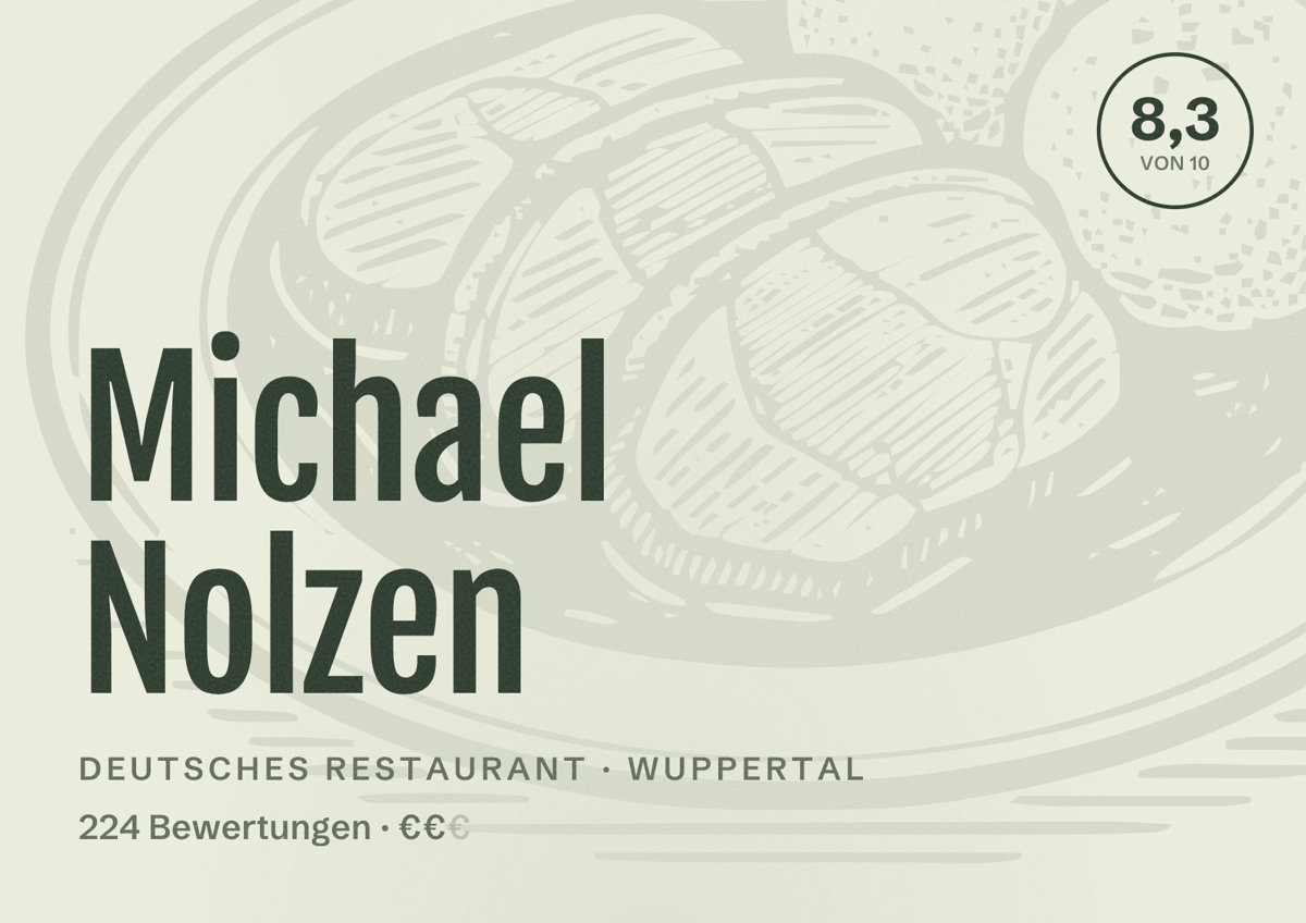 Illustriertes Poster von Michael Nolzen, Deutsches Restaurant in Wuppertal: Bewertung 8,3 von 10 aus 224 Bewertungen, Preisniveau €€