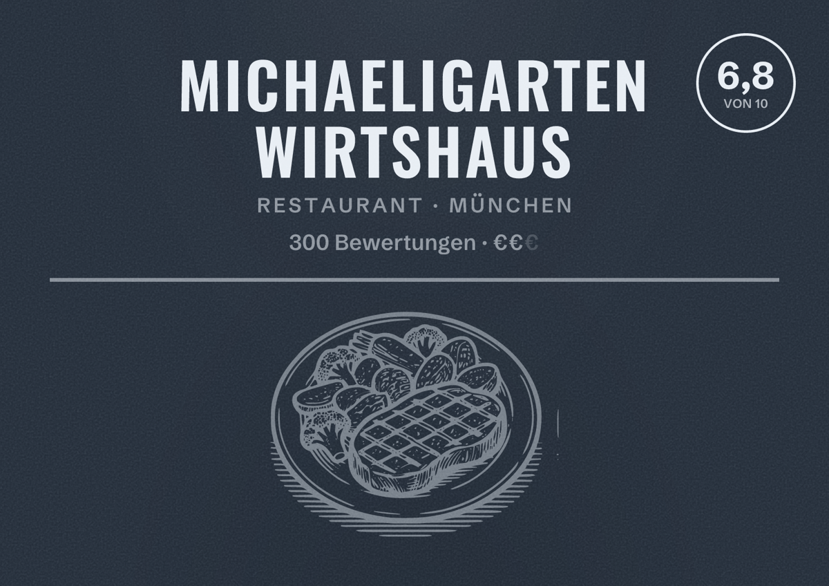Illustriertes Poster von Michaeligarten Wirtshaus, Restaurant in München: Bewertung 6,8 von 10 aus 300 Bewertungen, Preisniveau €€