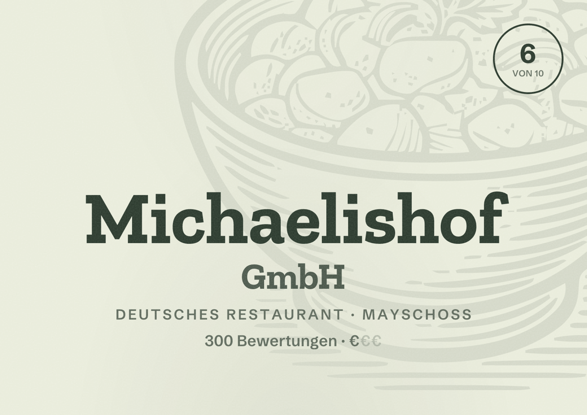 Illustriertes Poster von Michaelishof GmbH, Deutsches Restaurant in Mayschoß: Bewertung 6 von 10 aus 300 Bewertungen, Preisniveau €