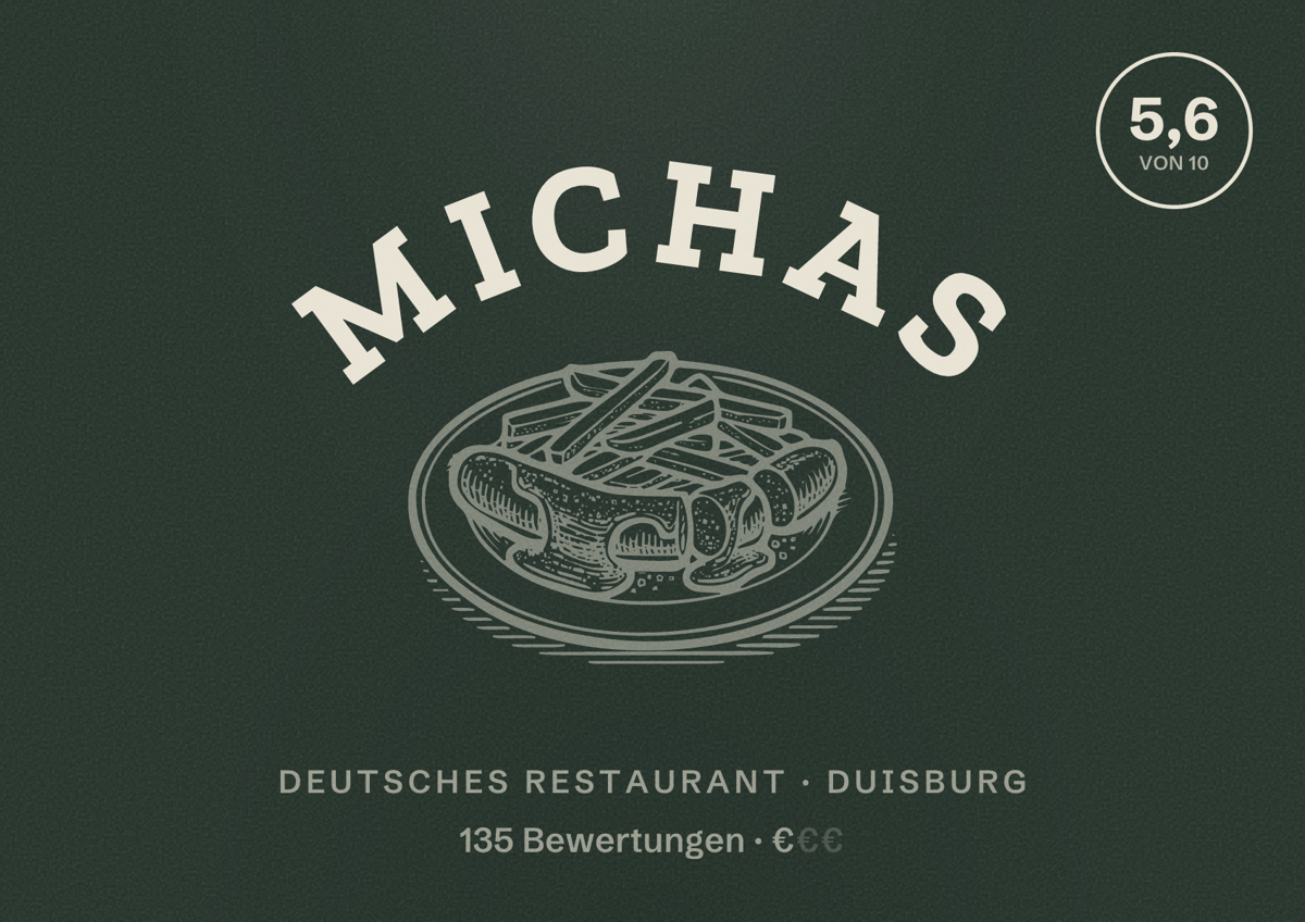 Illustriertes Poster von Michas, Deutsches Restaurant in Duisburg: Bewertung 5,6 von 10 aus 135 Bewertungen, Preisniveau €