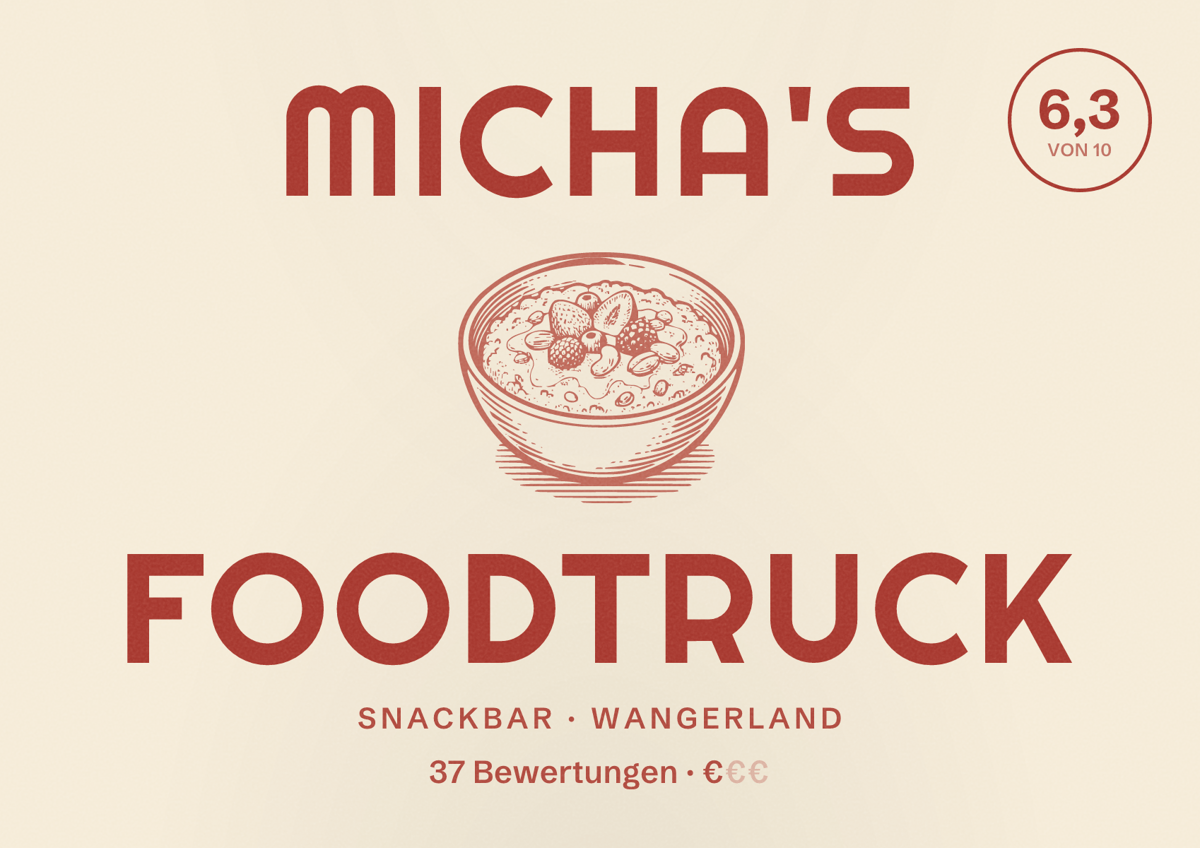 Illustriertes Poster von Micha's Foodtruck, Snackbar in Wangerland: Bewertung 6,3 von 10 aus 37 Bewertungen, Preisniveau €