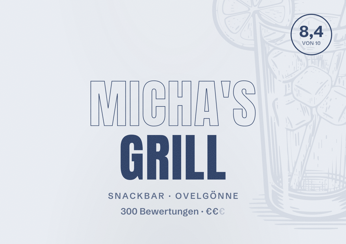 Illustriertes Poster von Micha's Grill, Snackbar in Ovelgönne: Bewertung 8,4 von 10 aus 300 Bewertungen, Preisniveau €€