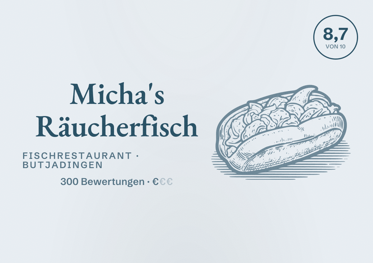 Illustriertes Poster von Micha's Räucherfisch, Fischrestaurant in Butjadingen: Bewertung 8,7 von 10 aus 300 Bewertungen, Preisniveau €