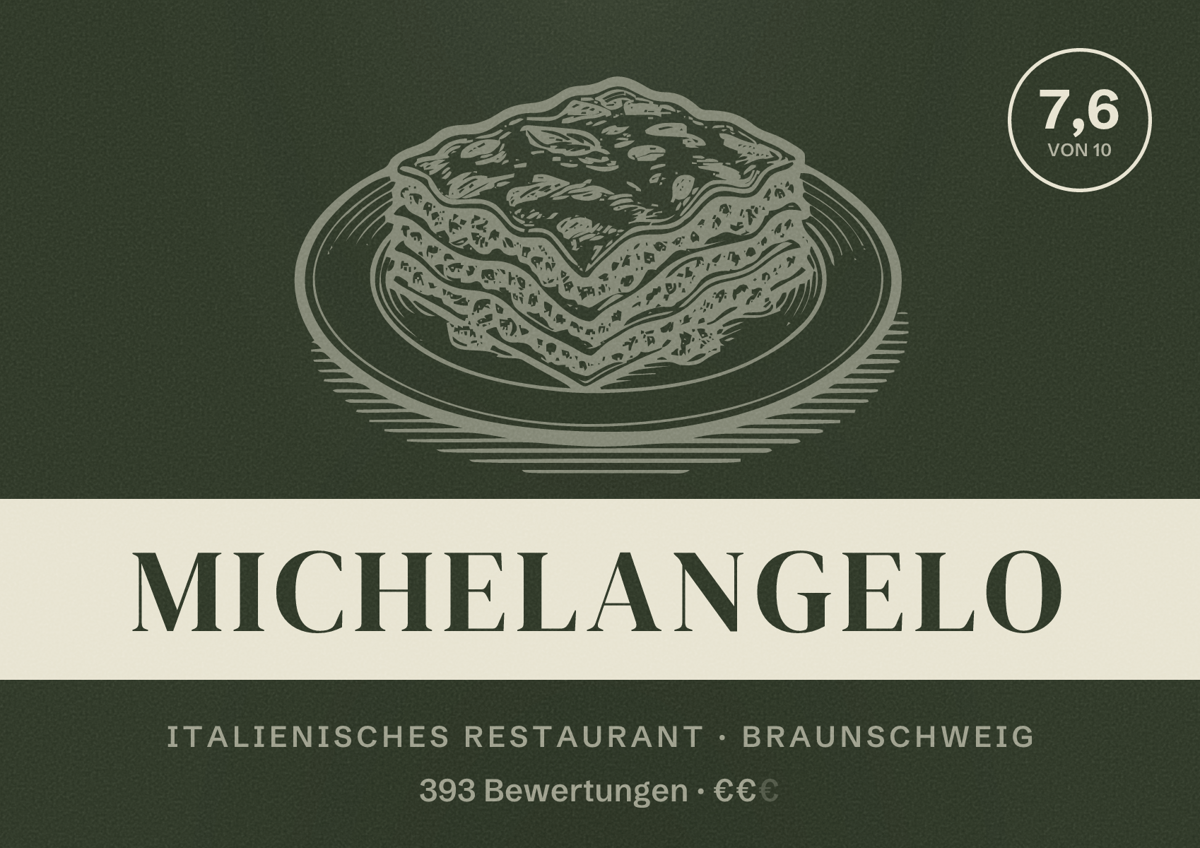 Illustriertes Poster von Michelangelo, Italienisches Restaurant in Braunschweig: Bewertung 7,6 von 10 aus 393 Bewertungen, Preisniveau €€