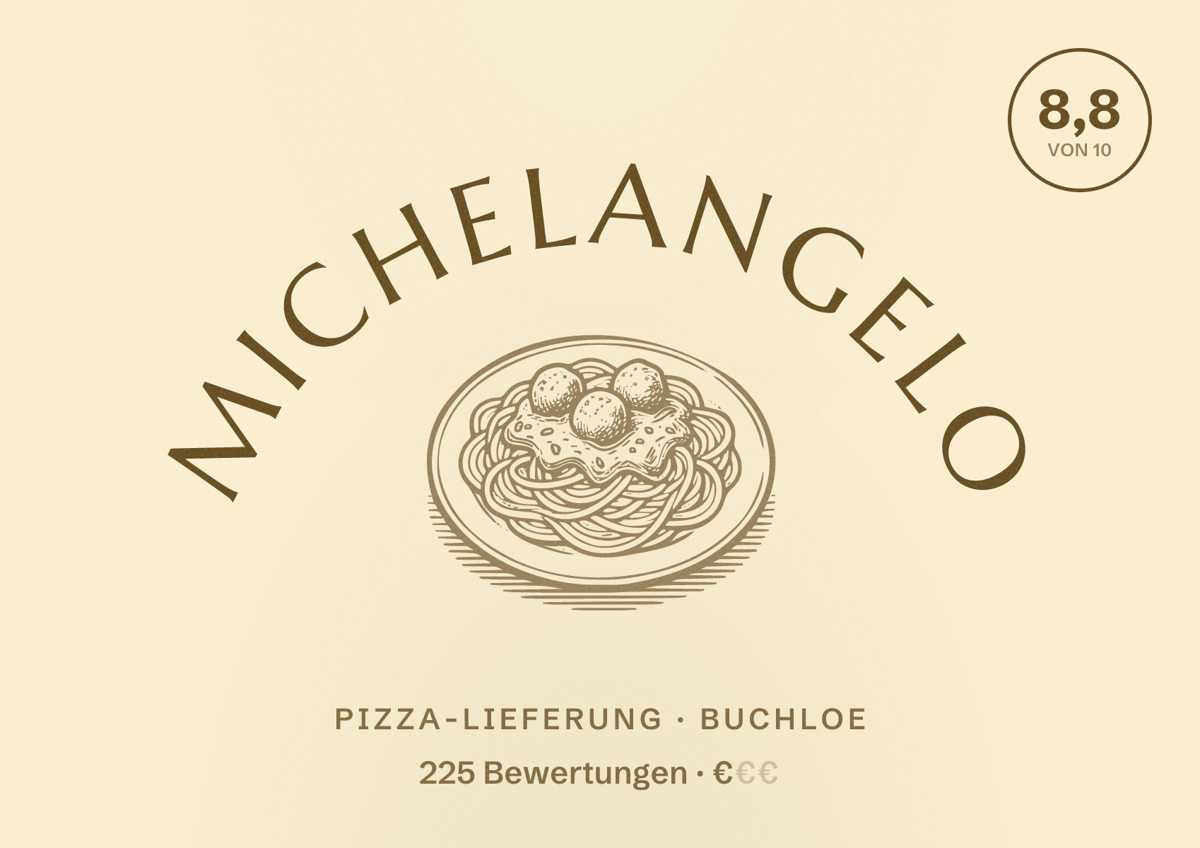 Illustriertes Poster von Michelangelo, Pizza-Lieferung in Buchloe: Bewertung 8,8 von 10 aus 225 Bewertungen, Preisniveau €