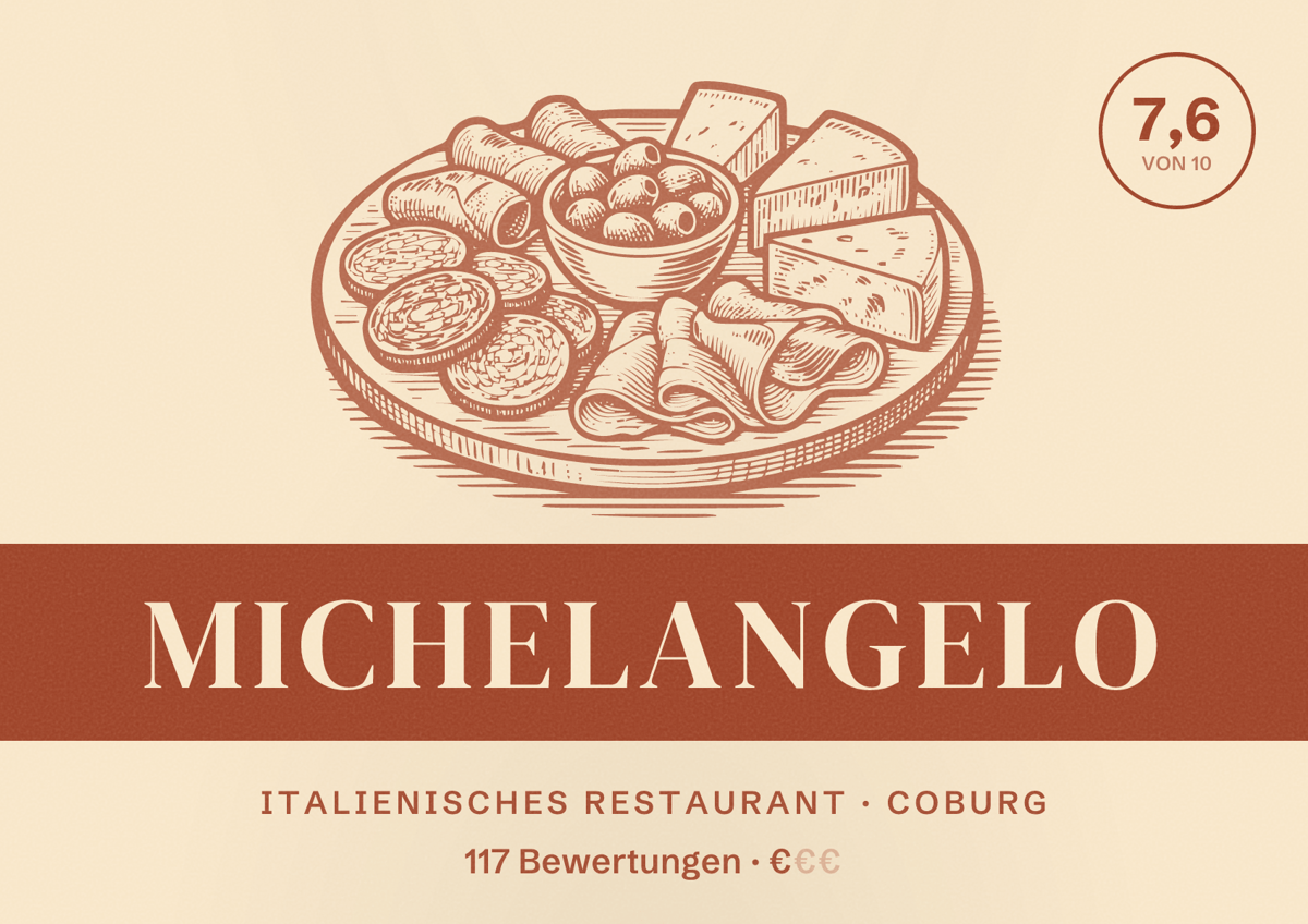 Illustriertes Poster von Michelangelo, Italienisches Restaurant in Coburg: Bewertung 7,6 von 10 aus 117 Bewertungen, Preisniveau €