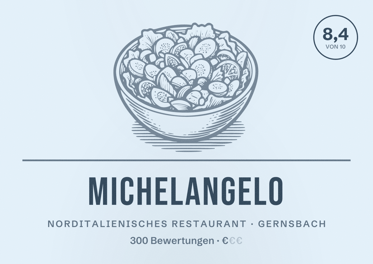 Illustriertes Poster von Michelangelo, Norditalienisches Restaurant in Gernsbach: Bewertung 8,4 von 10 aus 300 Bewertungen, Preisniveau €