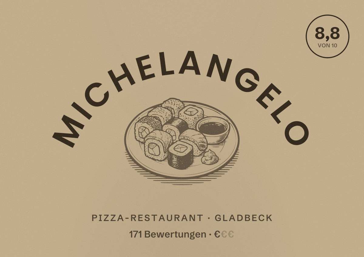 Illustriertes Poster von Michelangelo, Pizza-Restaurant in Gladbeck: Bewertung 8,8 von 10 aus 171 Bewertungen, Preisniveau €