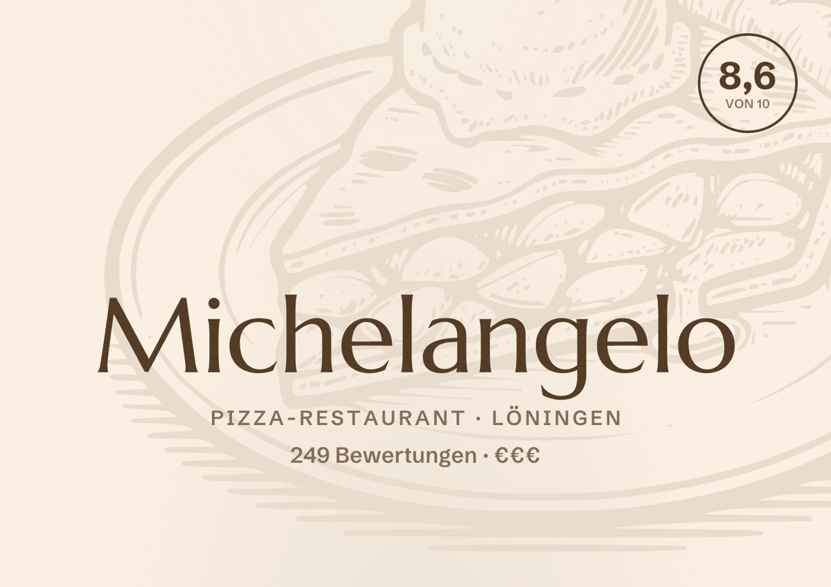 Illustriertes Poster von Michelangelo, Pizza-Restaurant in Löningen: Bewertung 8,6 von 10 aus 249 Bewertungen, Preisniveau €€€