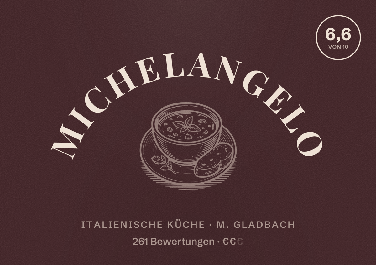 Illustriertes Poster von Michelangelo, Italienische Küche in M. Gladbach: Bewertung 6,6 von 10 aus 261 Bewertungen, Preisniveau €€