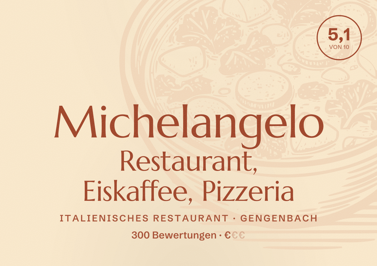 Illustriertes Poster von Michelangelo Restaurant, Eiskaffee, Pizzeria, Italienisches Restaurant in Gengenbach: Bewertung 5,1 von 10 aus 300 Bewertungen, Preisniveau €