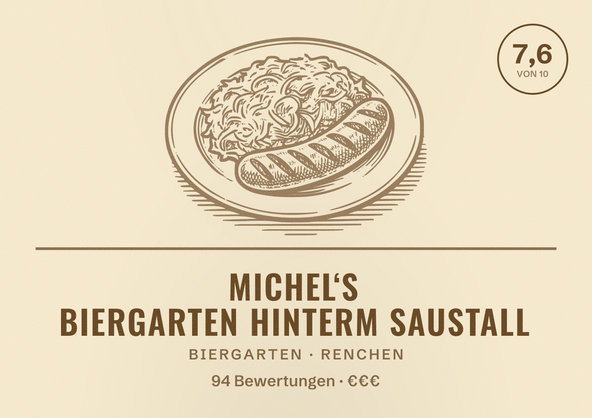 Illustriertes Poster von Michel‘s Biergarten hinterm Saustall, Biergarten in Renchen: Bewertung 7,6 von 10 aus 94 Bewertungen, Preisniveau €€€