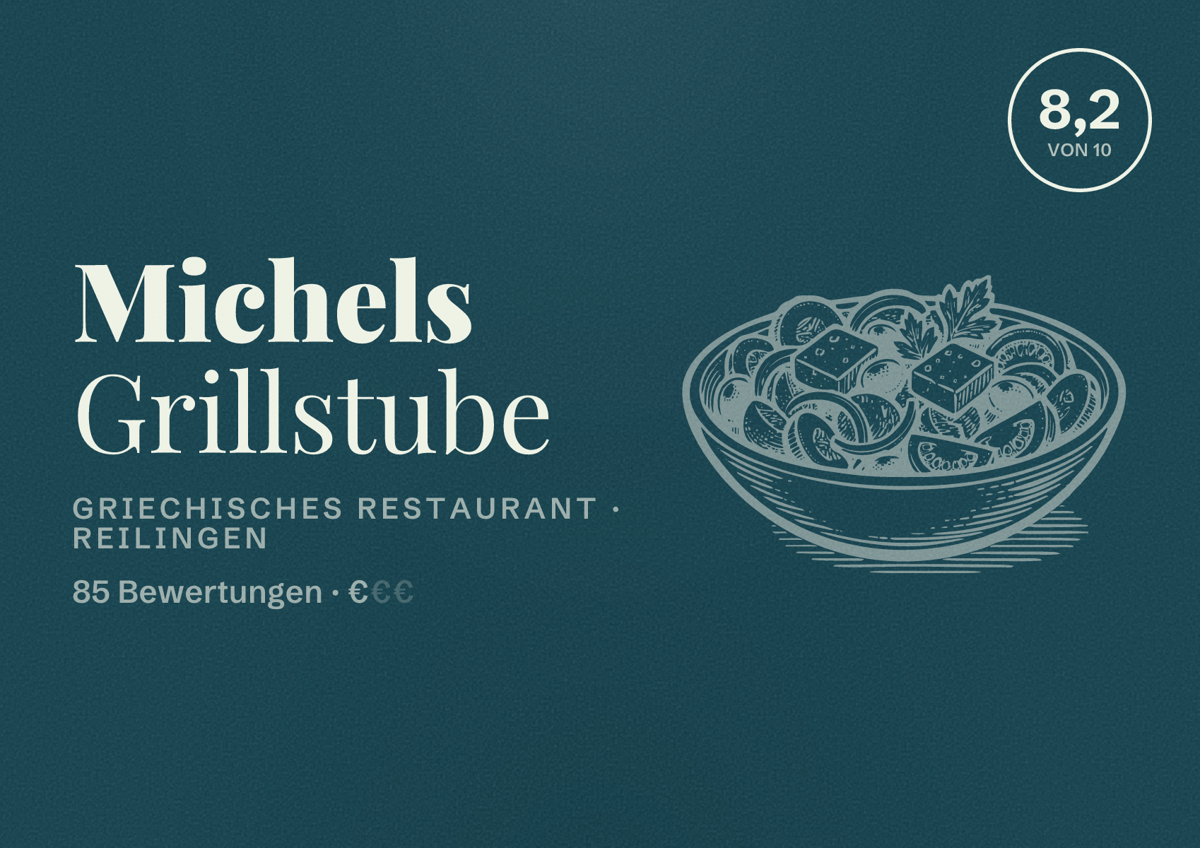 Illustriertes Poster von Michels Grillstube, Griechisches Restaurant in Reilingen: Bewertung 8,2 von 10 aus 85 Bewertungen, Preisniveau €