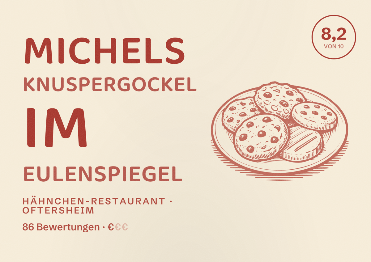 Illustriertes Poster von Michels Knuspergockel im Eulenspiegel, Hähnchen-Restaurant in Oftersheim: Bewertung 8,2 von 10 aus 86 Bewertungen, Preisniveau €