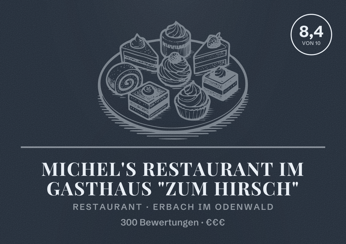 Illustriertes Poster von Michel's Restaurant im Gasthaus "Zum Hirsch", Restaurant in Erbach im Odenwald: Bewertung 8,4 von 10 aus 300 Bewertungen, Preisniveau €€€