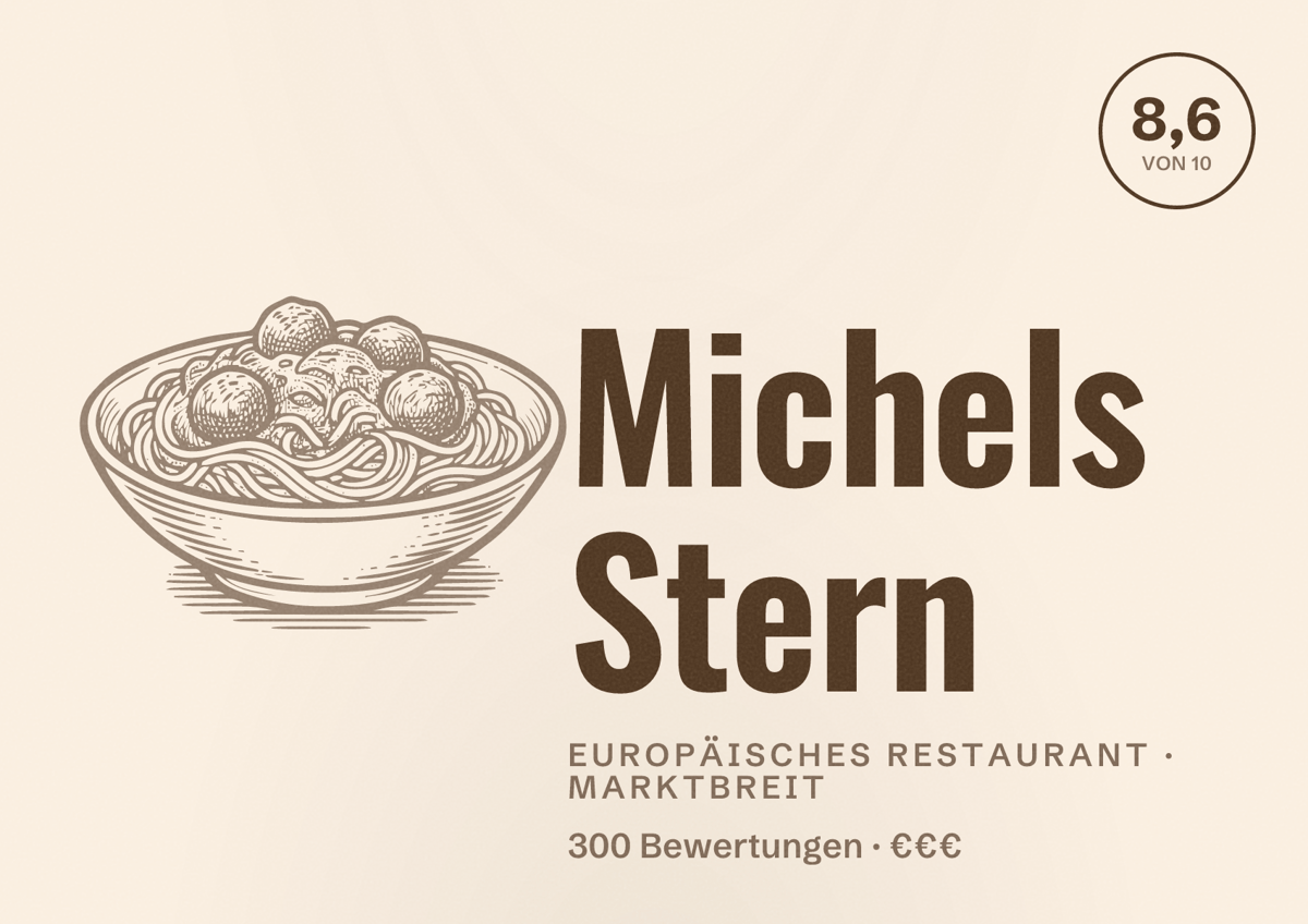 Illustriertes Poster von Michels Stern, Europäisches Restaurant in Marktbreit: Bewertung 8,6 von 10 aus 300 Bewertungen, Preisniveau €€€