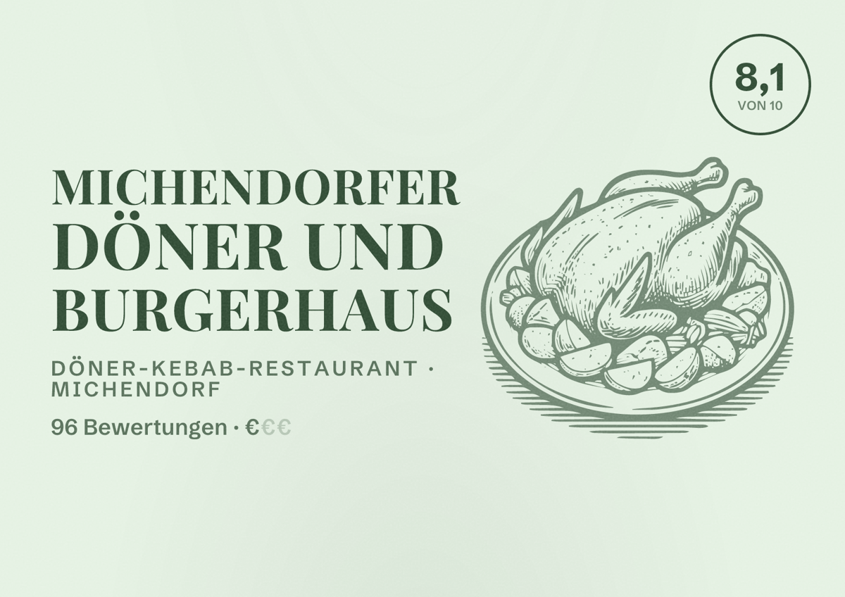 Illustriertes Poster von Michendorfer Döner und Burgerhaus, Döner-Kebab-Restaurant in Michendorf: Bewertung 8,1 von 10 aus 96 Bewertungen, Preisniveau €