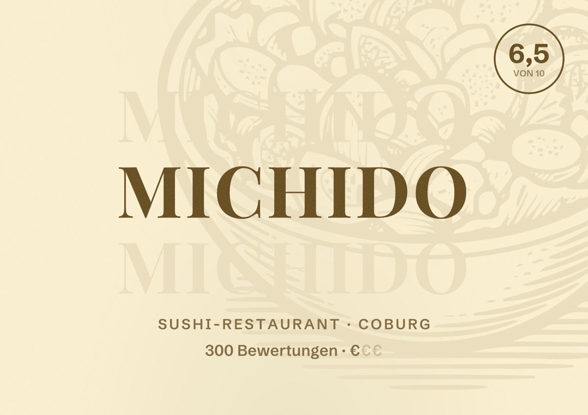 Illustriertes Poster von Michido, Sushi-Restaurant in Coburg: Bewertung 6,5 von 10 aus 300 Bewertungen, Preisniveau €