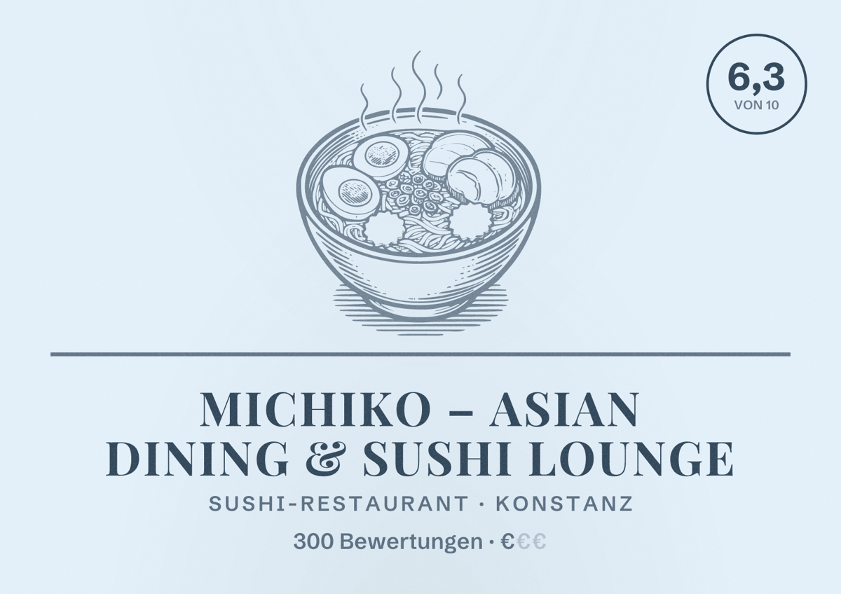 Illustriertes Poster von Michiko – Asian Dining & Sushi Lounge, Sushi-Restaurant in Konstanz: Bewertung 6,3 von 10 aus 300 Bewertungen, Preisniveau €