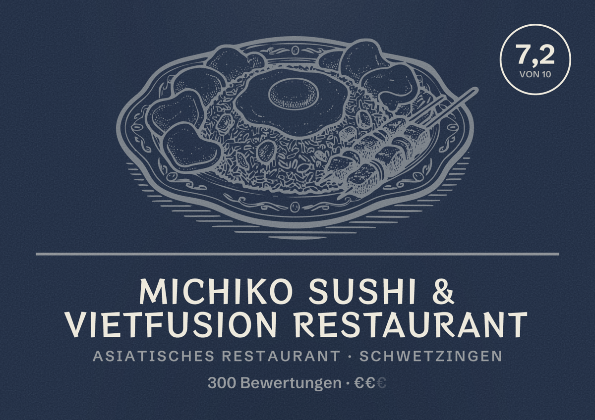 Illustriertes Poster von Michiko Sushi & Vietfusion Restaurant, Asiatisches Restaurant in Schwetzingen: Bewertung 7,2 von 10 aus 300 Bewertungen, Preisniveau €€