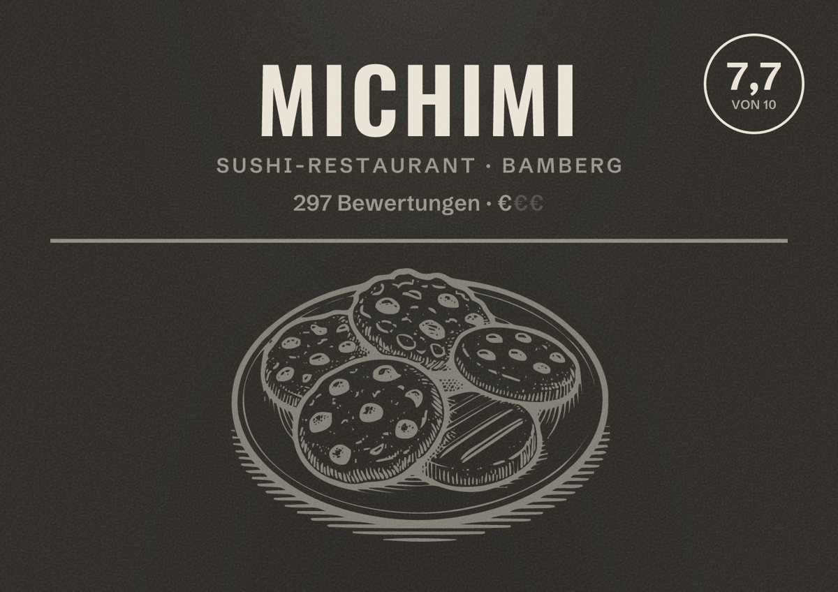 Illustriertes Poster von MICHIMI, Sushi-Restaurant in Bamberg: Bewertung 7,7 von 10 aus 297 Bewertungen, Preisniveau €