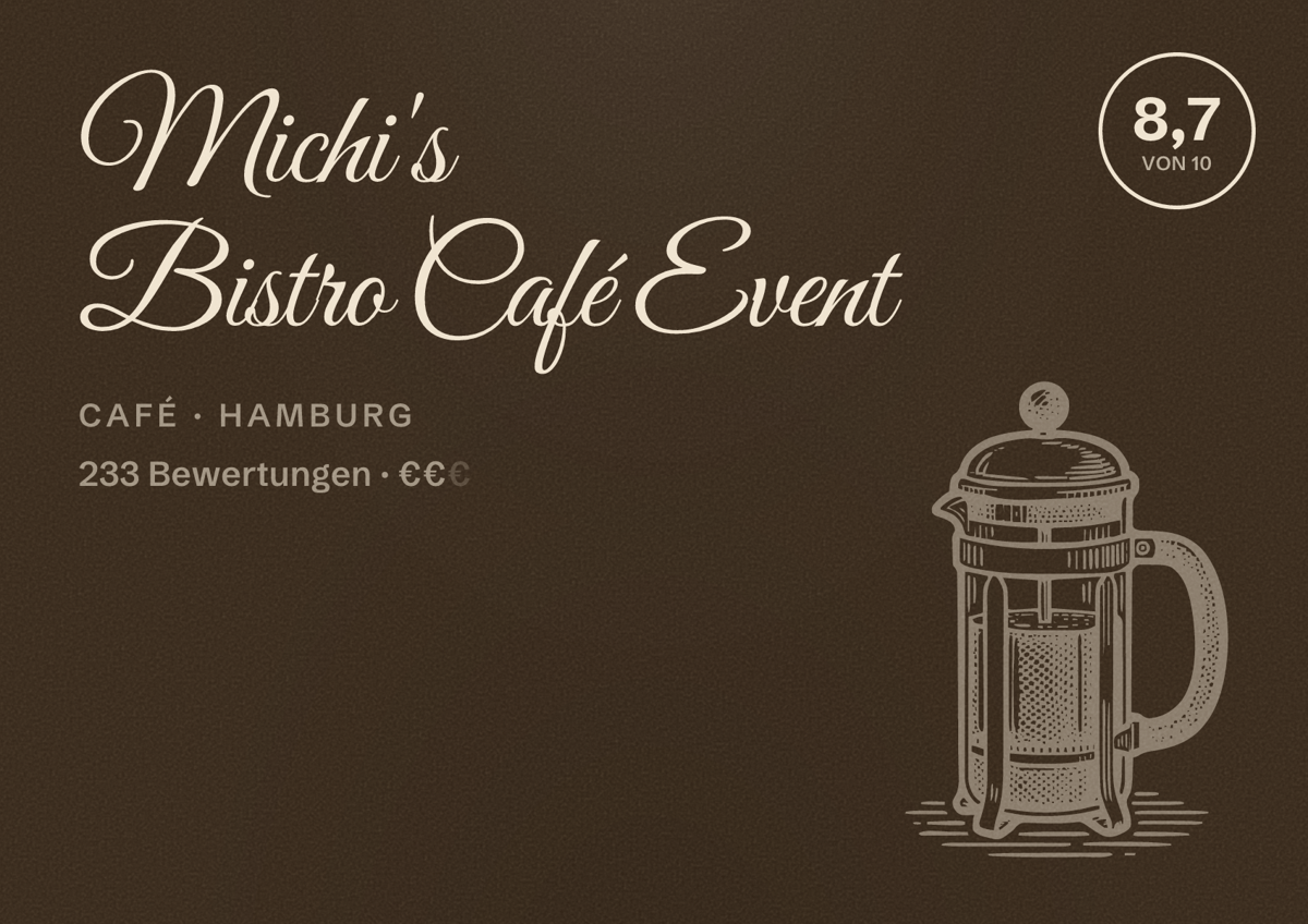 Illustriertes Poster von Michi's Bistro Café Event, Café in Hamburg: Bewertung 8,7 von 10 aus 233 Bewertungen, Preisniveau €€