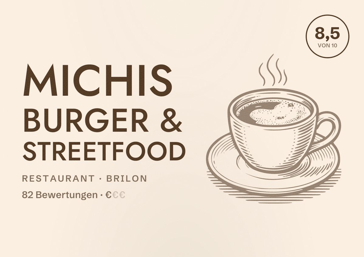 Illustriertes Poster von Michis Burger & Streetfood, Restaurant in Brilon: Bewertung 8,5 von 10 aus 82 Bewertungen, Preisniveau €