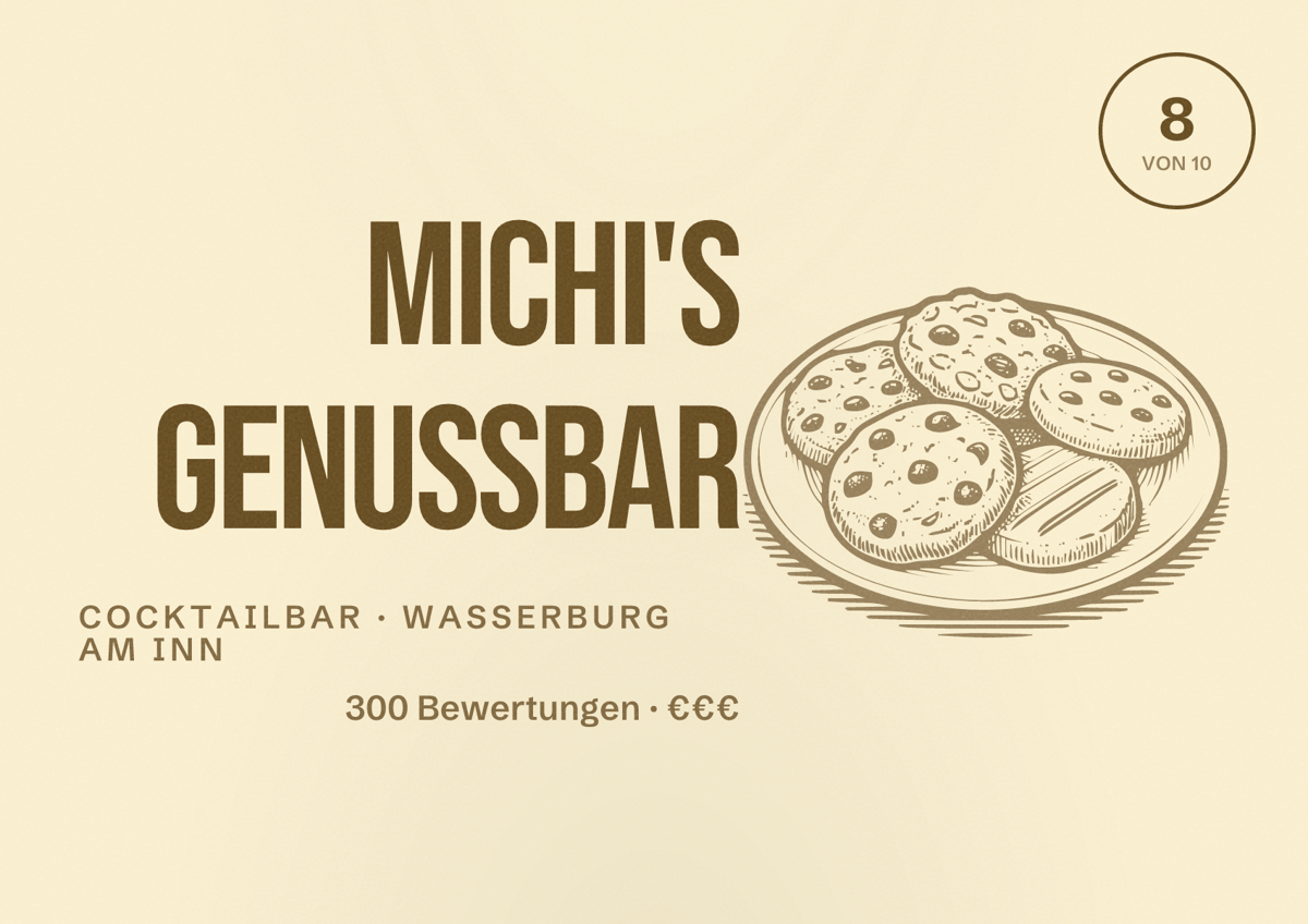 Illustriertes Poster von Michi's Genussbar, Cocktailbar in Wasserburg am Inn: Bewertung 8 von 10 aus 300 Bewertungen, Preisniveau €€€