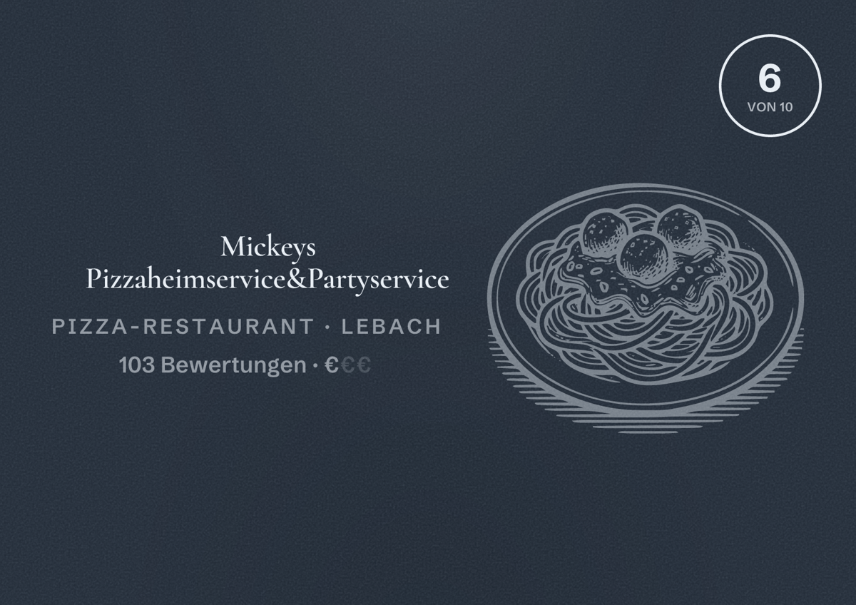 Illustriertes Poster von Mickeys Pizzaheimservice&Partyservice, Pizza-Restaurant in Lebach: Bewertung 6 von 10 aus 103 Bewertungen, Preisniveau €