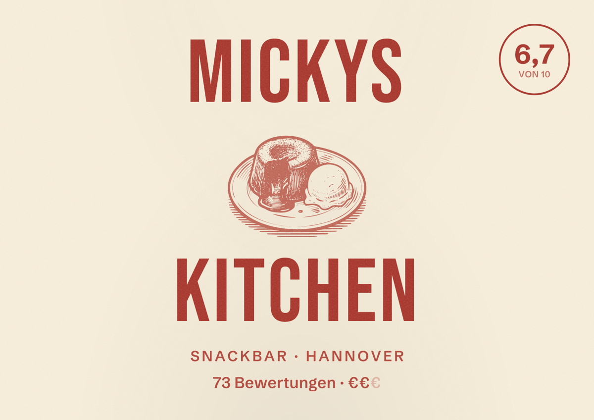 Illustriertes Poster von Mickys Kitchen, Snackbar in Hannover: Gästebewertung 6,7 von 10 aus 73 Bewertungen
