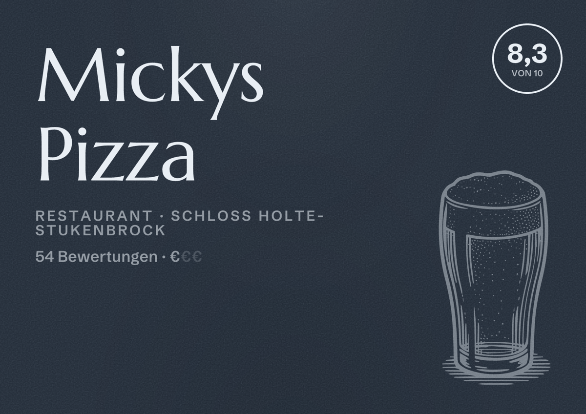 Illustriertes Poster von Mickys Pizza, Restaurant in Schloß Holte-Stukenbrock: Bewertung 8,3 von 10 aus 54 Bewertungen, Preisniveau €