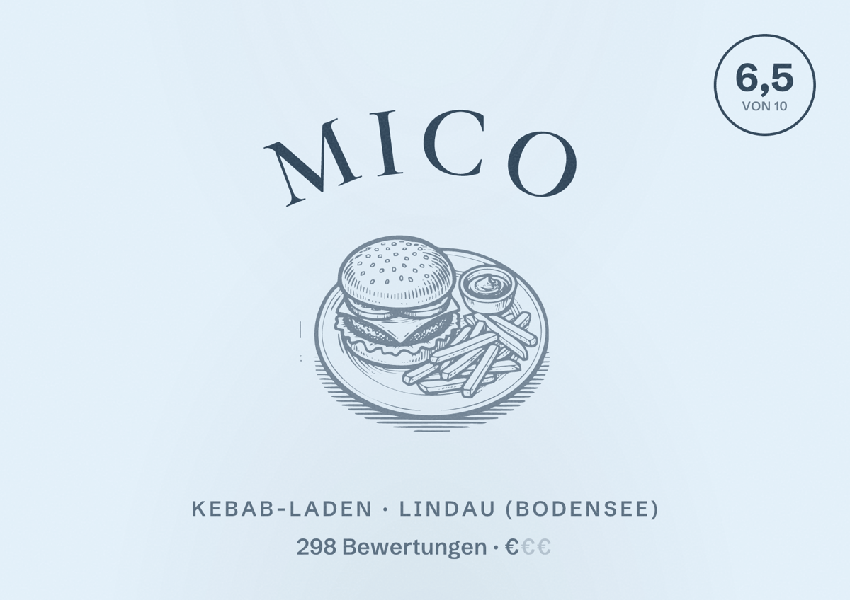 Illustriertes Poster von Mico, Kebab-Laden in Lindau (Bodensee): Bewertung 6,5 von 10 aus 298 Bewertungen, Preisniveau €