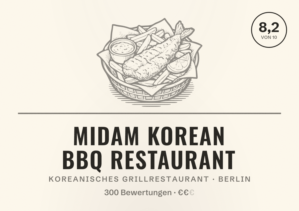 Illustriertes Poster von MIDAM Korean BBQ Restaurant, Koreanisches Grillrestaurant in Berlin: Bewertung 8,2 von 10 aus 300 Bewertungen, Preisniveau €€