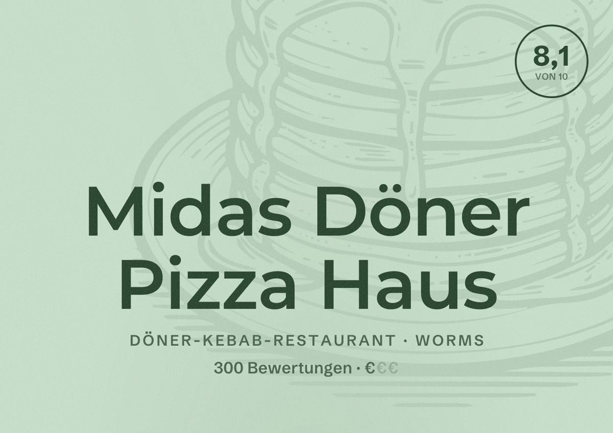 Illustriertes Poster von Midas Döner Pizza Haus, Döner-Kebab-Restaurant in Worms: Bewertung 8,1 von 10 aus 300 Bewertungen, Preisniveau €