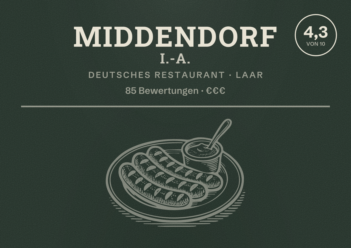 Illustriertes Poster von Middendorf I.-A., Deutsches Restaurant in Laar: Bewertung 4,3 von 10 aus 85 Bewertungen, Preisniveau €€€