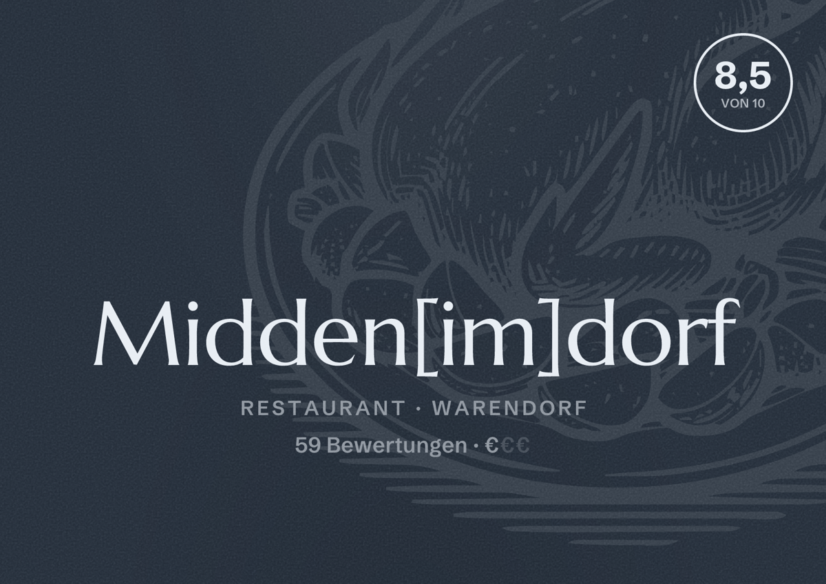 Illustriertes Poster von Midden[im]dorf, Restaurant in Warendorf: Bewertung 8,5 von 10 aus 59 Bewertungen, Preisniveau €