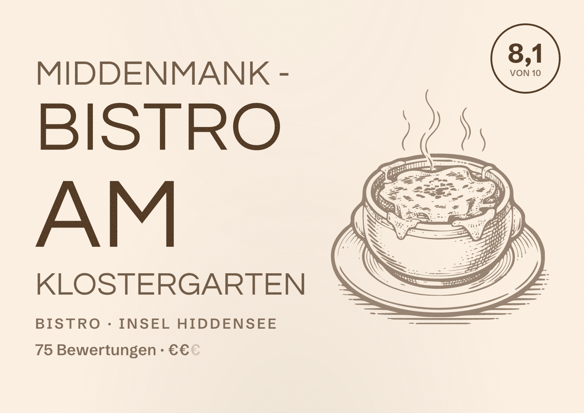 Illustriertes Poster von Middenmank - Bistro am Klostergarten, Bistro in Insel Hiddensee: Bewertung 8,1 von 10 aus 75 Bewertungen, Preisniveau €€