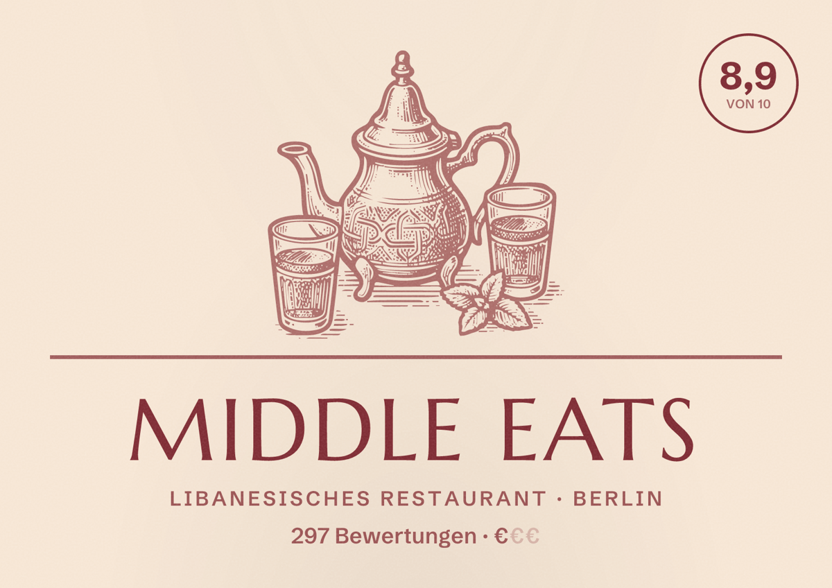 Illustriertes Poster von Middle Eats, Libanesisches Restaurant in Berlin: Bewertung 8,9 von 10 aus 297 Bewertungen, Preisniveau €