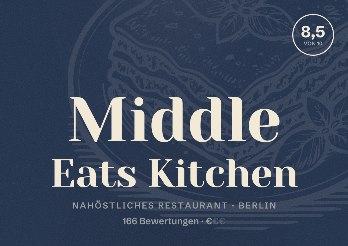 Illustriertes Poster von Middle Eats Kitchen, Nahöstliches Restaurant in Berlin: Bewertung 8,5 von 10 aus 166 Bewertungen, Preisniveau €