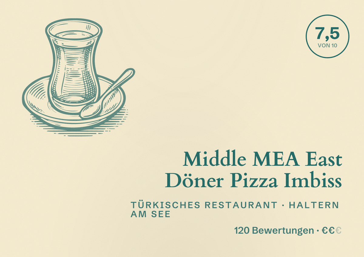 Illustriertes Poster von Middle MEA East Döner Pizza Imbiss, Türkisches Restaurant in Haltern am See: Bewertung 7,5 von 10 aus 120 Bewertungen, Preisniveau €€