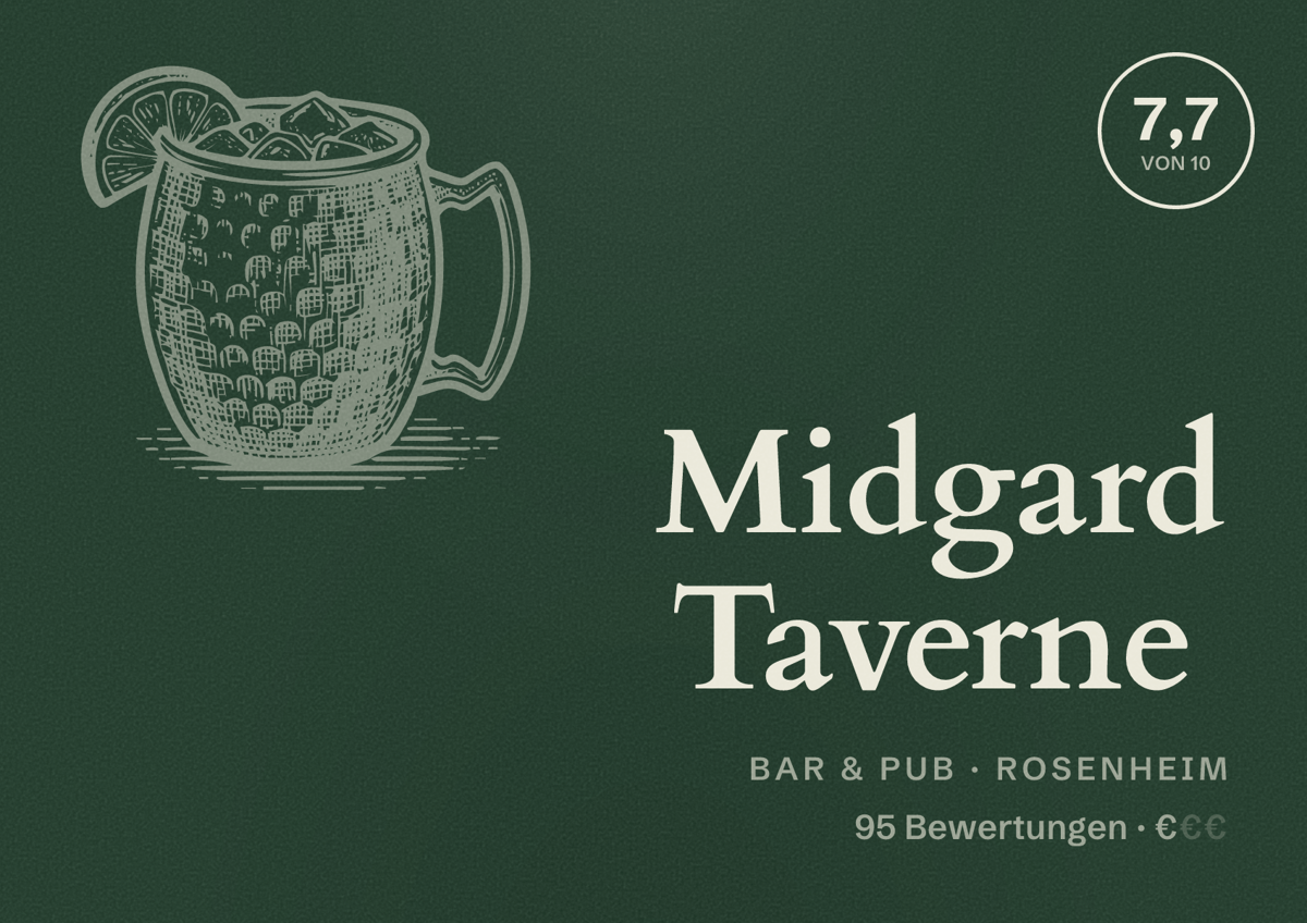 Illustriertes Poster von Midgard Taverne, Bar & Pub in Rosenheim: Bewertung 7,7 von 10 aus 95 Bewertungen, Preisniveau €