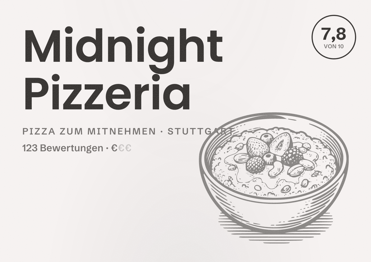 Illustriertes Poster von Midnight Pizzeria, Pizza zum Mitnehmen in Stuttgart: Bewertung 7,8 von 10 aus 123 Bewertungen, Preisniveau €